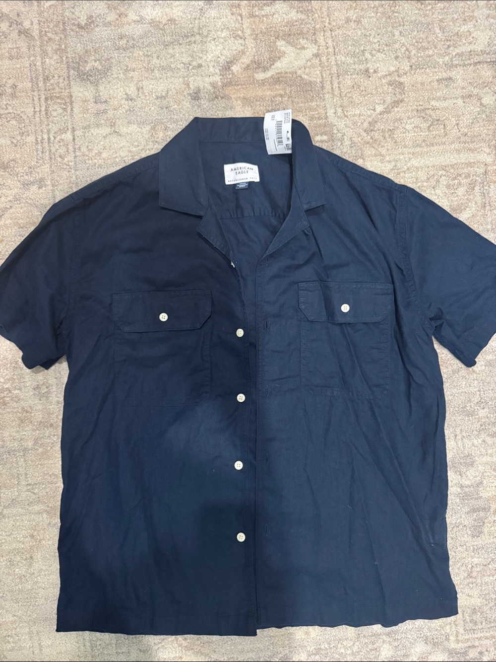 NWT American Eagle Outfitters Linen Navy Short-Sleeve Button-Down Shirt